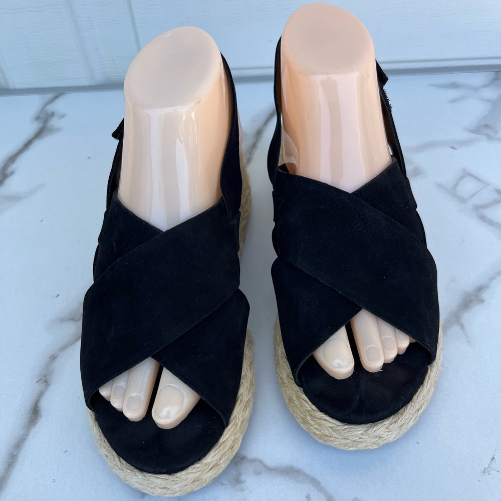 Women's Eileen Fisher Wedge Espadrilles black leather sandals size 6